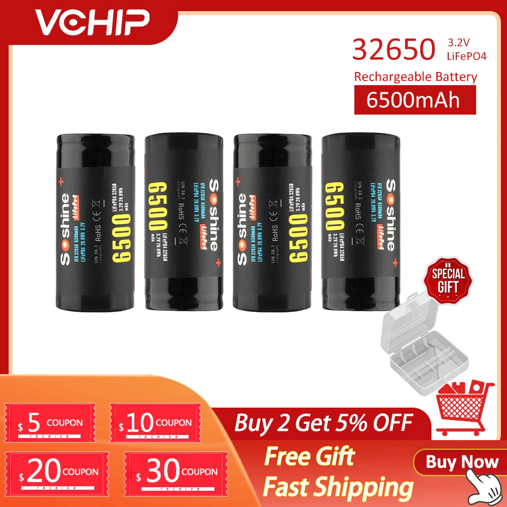 Original Soshine NCR 32650 Li-FePO4 Battery Rechargeable 6500mAh 3.2V With Box аккумулятор |