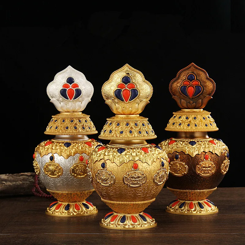 25 см, сплав меди, тибетский, Восемь символов благоприятного коллективного богатства, Мони, обработанная бутылка, украшение для украшения 
25 см, сплав меди, тибетский, Восемь символов благоприятного коллективного богатства, Мони, обработанная бутылка, украшение для украшения