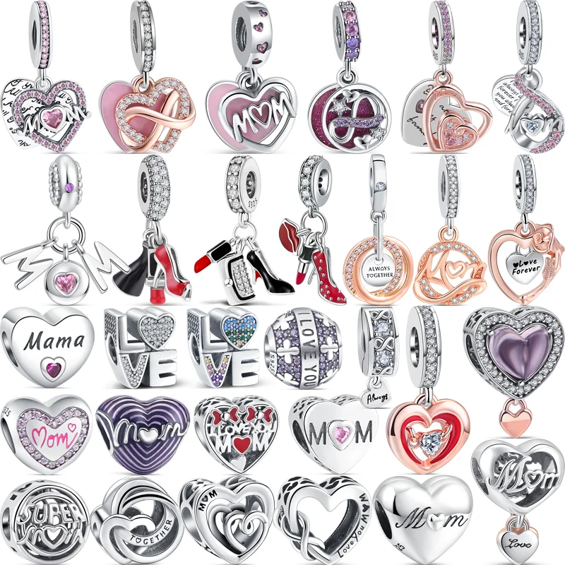 

925 Sterling Silver Love You Mom Series Infinite Heart Pendant Openwork Beads Fit Original Pandora Charms Bracelet Women Jewelry