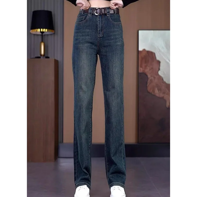 

Female Leisure Straight Leg Pants Winter New Narrow Edition Women Plush Jeans High Waisted Appear Thin Wide Legs Ladies Trousers