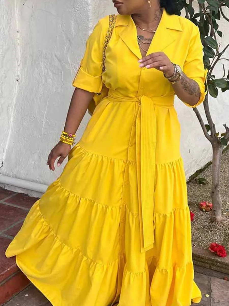 

LW Elegant Yellow Maxi Dresses Ruffle Bandage Design A Line Dress Belted Half Sleeve Lapel Neck Flowy Loose Vestidos