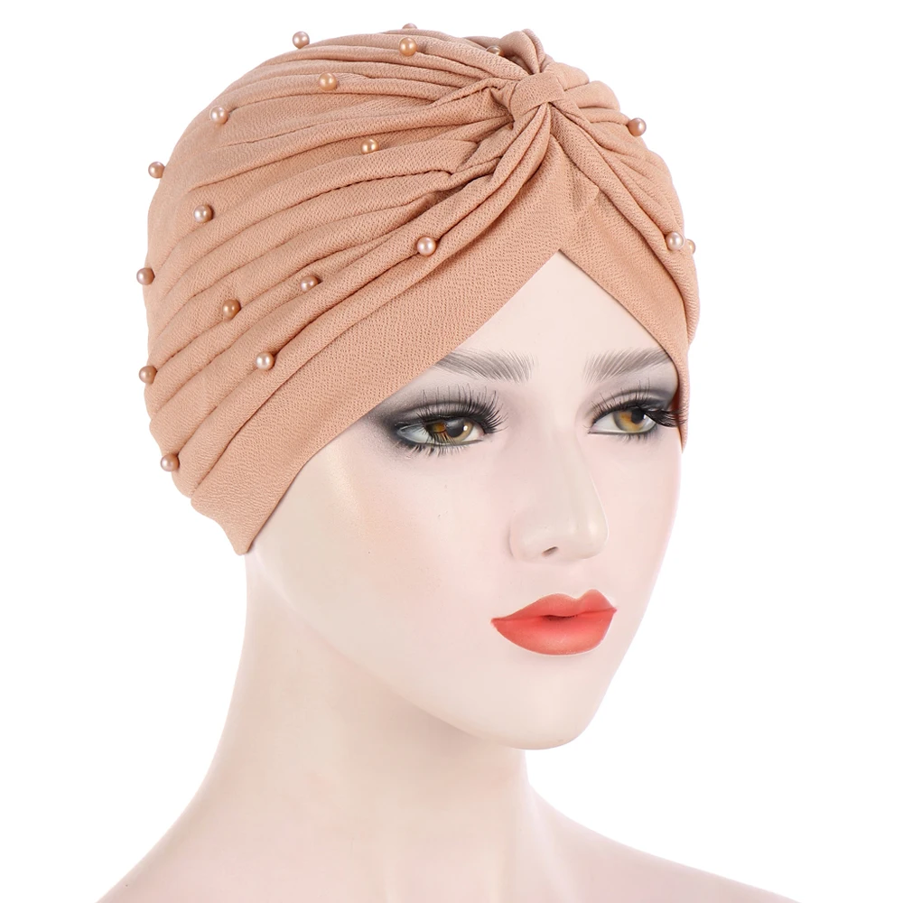 

Pleated Indian Women Muslim Beads Hijab Bonnet Chemo Cap Underscarf Cancer Turban Femme Arab Hair Loss Hat Headwrap Scarf Cover
