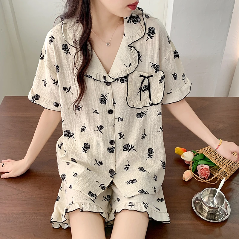 Summer Pajama Sets For Women Adult Sweet Flower Sleepwear Cotton Doll Collar Pyjama Girl Homewear Short Pijama Suit Clothes
Summer Pajama Sets For Women Adult Sweet Flower Sleepwear Cotton Doll Collar Pyjama Girl Homewear Short Pijama Suit Clothes