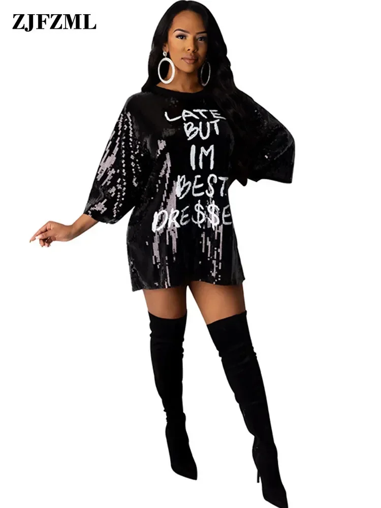 

Letter Sequin Spliced Sexy T Shirt Dress Women O Neck Three Quarter Sleeve Short Dress High Street Female Loose Club Party Dress