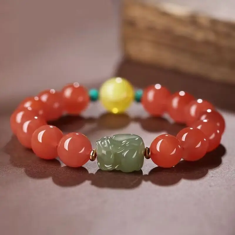 

New Natural Hetian Jade Lucky Brave Single Circle Bracelet for Men and Women South Red Agate Beeswax Bead Handstring for Lovers