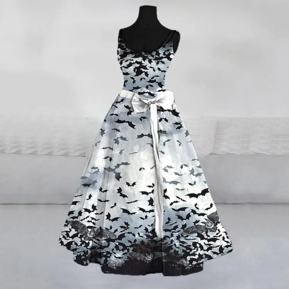 

Women Cocktail Dress Ghost Print Halloween Dress for Women A-line Flared Tunic with Belt for Cosplay Wedding Guest Outfit Lace