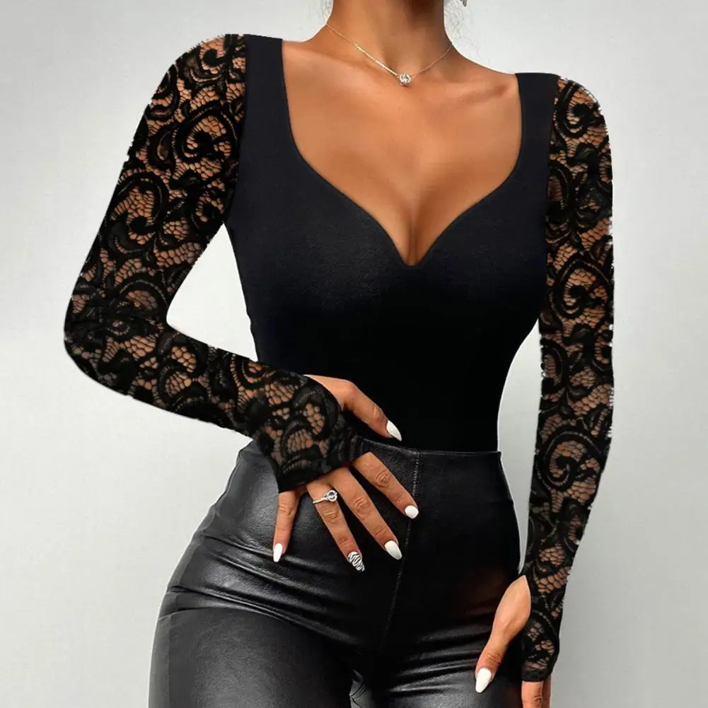 

Women Slim Fit Top Stylish Woman Sexy Blouse Collection Mock Neck Long Sleeve Tops with Beaded Decor Lace Stitching for Autumn