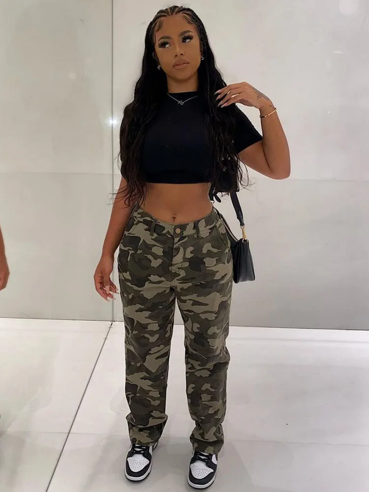 

Camo Camouflage High Waist Long Pants High Street Outfits For Women Button Fly Straight Wide Leg Trousers With Double Pockets