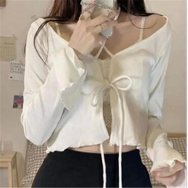 

Women Cardigans Solid Hot Slim Bandage Design Crop Tops Stylish Streetwear Teenagers All-match Sweet Lovely Knitted Basic ZY597