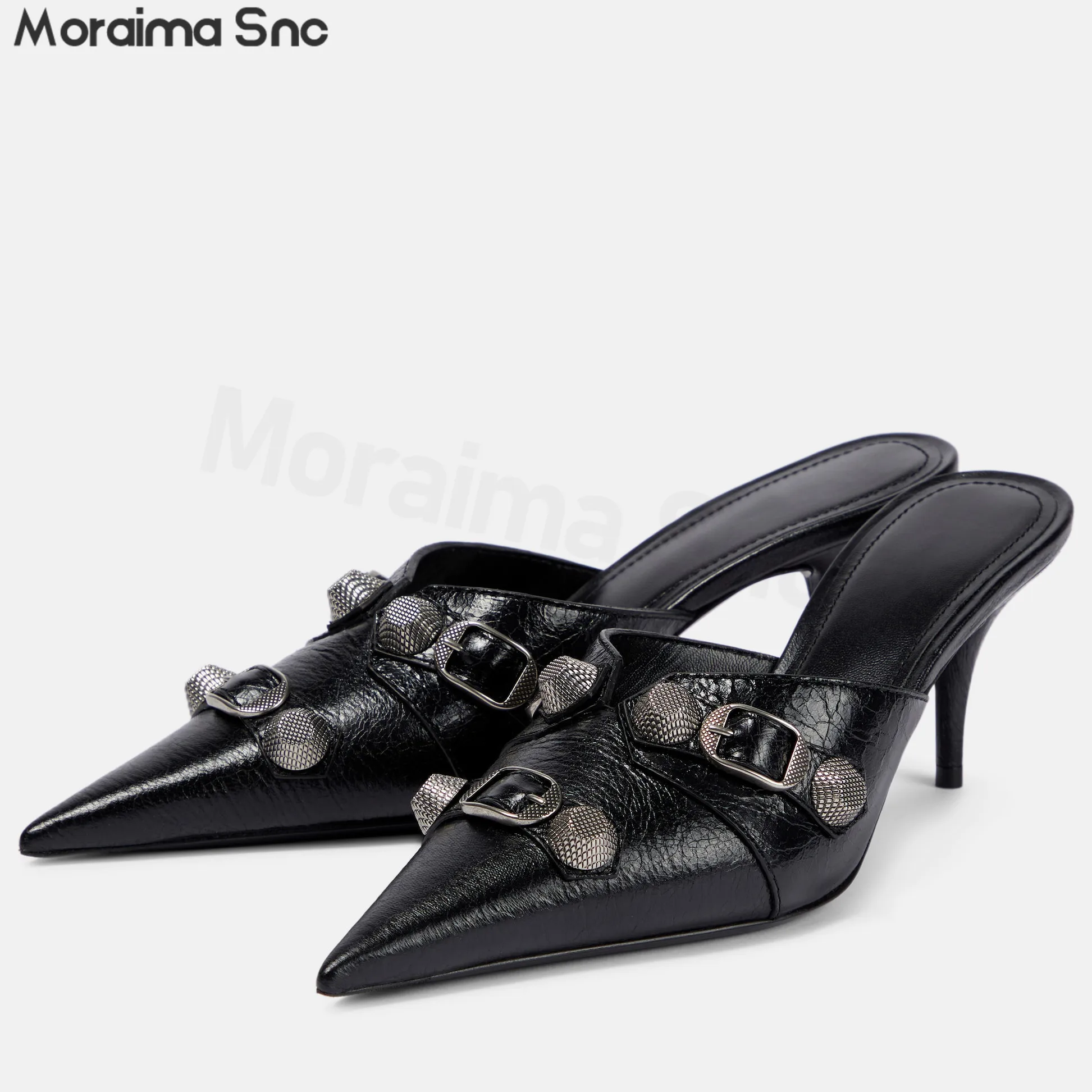 

Silver Rivets Pointed Muller Slippers Summer New Baotou Stiletto Sandals Fashion Sexy Large Size Temperament Women's Shoes