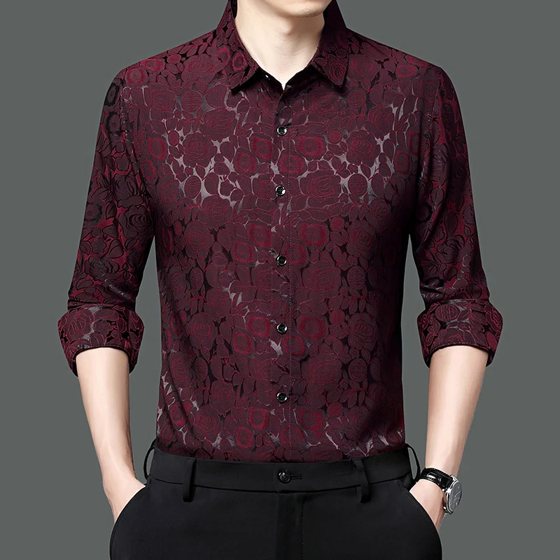 

Rose Printed Claret Red Smooth Silk Stretch Clothes For Mens Fashionable Elastic Burgundy Social Blouse Large Size Husband Wear