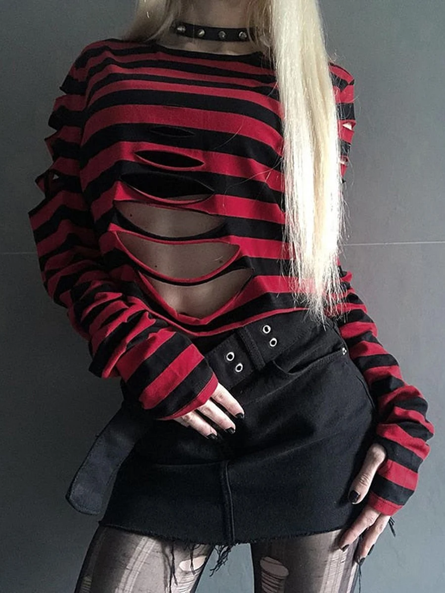 Women's Distressed Crop Tops Gothic Round Neck Long Sleeve Striped Print Loose T-Shirts Halloween Costume Female Clothes
Women's Distressed Crop Tops Gothic Round Neck Long Sleeve Striped Print Loose T-Shirts Halloween Costume Female Clothes