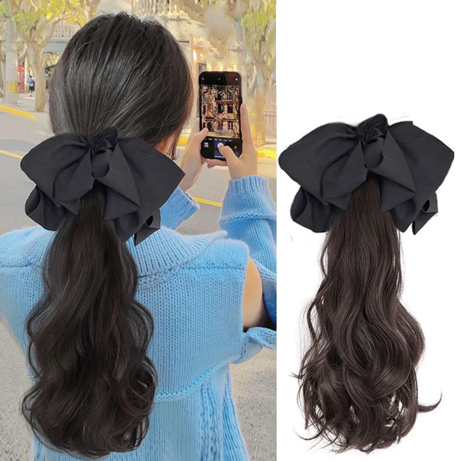 

Delicate cute ponytail wig female long curly hair grab clip high ponytail simulation black bow low braid fake ponytail Fiber