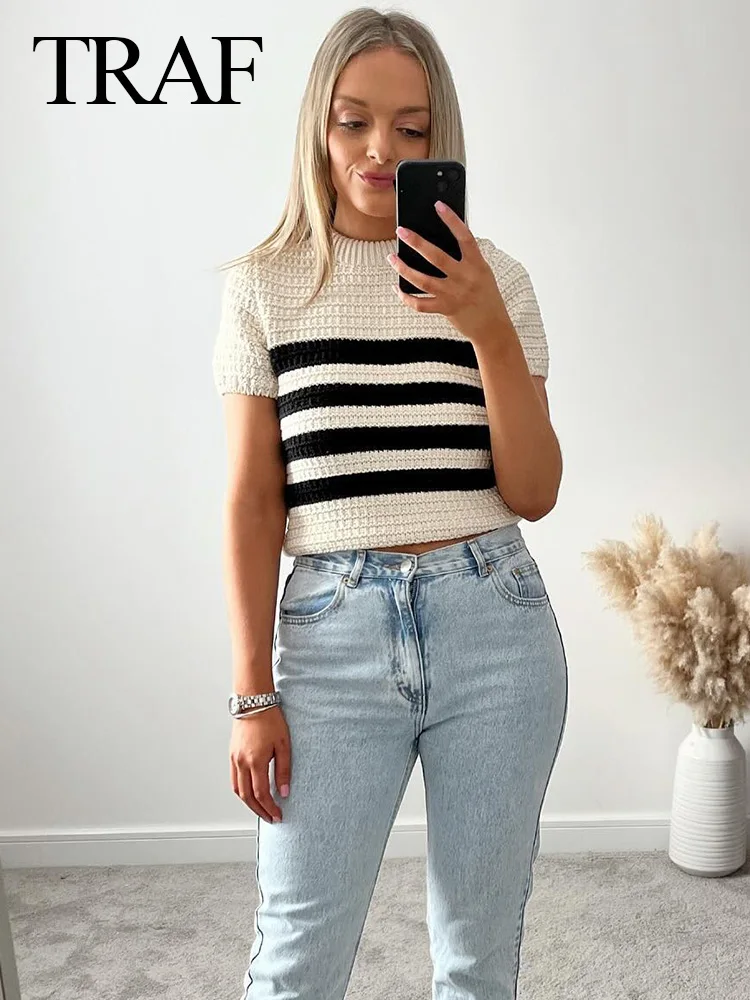 

TRAF 2024 Woman's Fashion Spring Sweater Tops Black White Stripe O Neck Short Sleeves Button Decoration Female Casual Pullovers