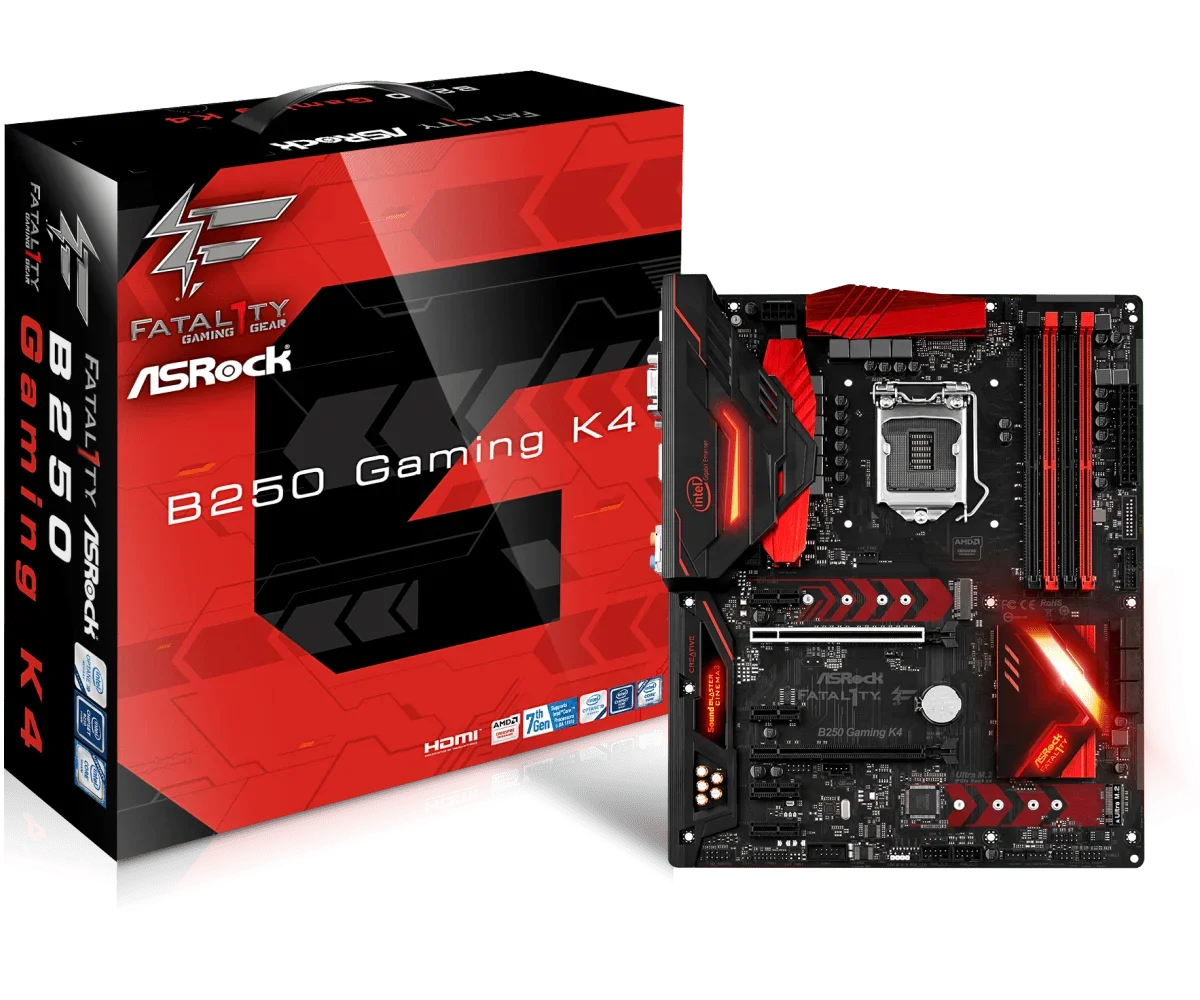 Fatal1ty B250 Gaming K4 ATX Motherboard LGA1151 4x DDR4 64G 6x SATA3 6Gb/s 2xM.2 NVMe Original packaging accessories
Fatal1ty B250 Gaming K4 ATX Motherboard LGA1151 4x DDR4 64G 6x SATA3 6Gb/s 2xM.2 NVMe Original packaging accessories