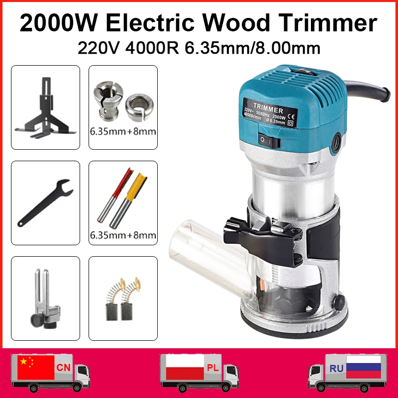

220V 2000W Woodworking Electric Trimmer Router Wood Milling Machine Variable Speed Carpentry Trimming Tool And 6.35mm 8mm Cutter