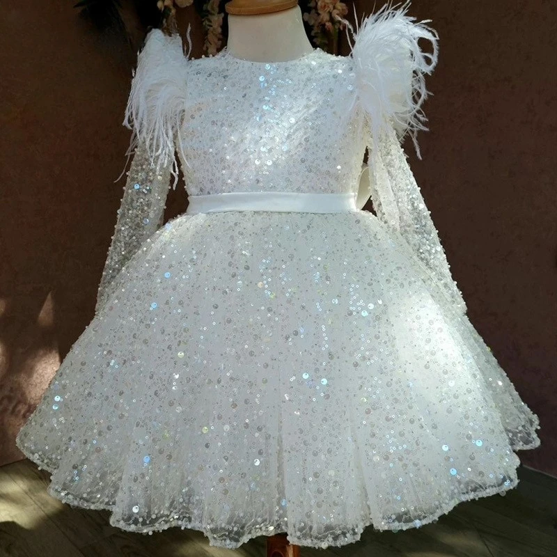 

Fashion Baby Girl Princess Sequins Tutu Dress Long Feather Sleeve Child Vestido Wedding Party Birthday Xmas Baby Clothes 1-14Y