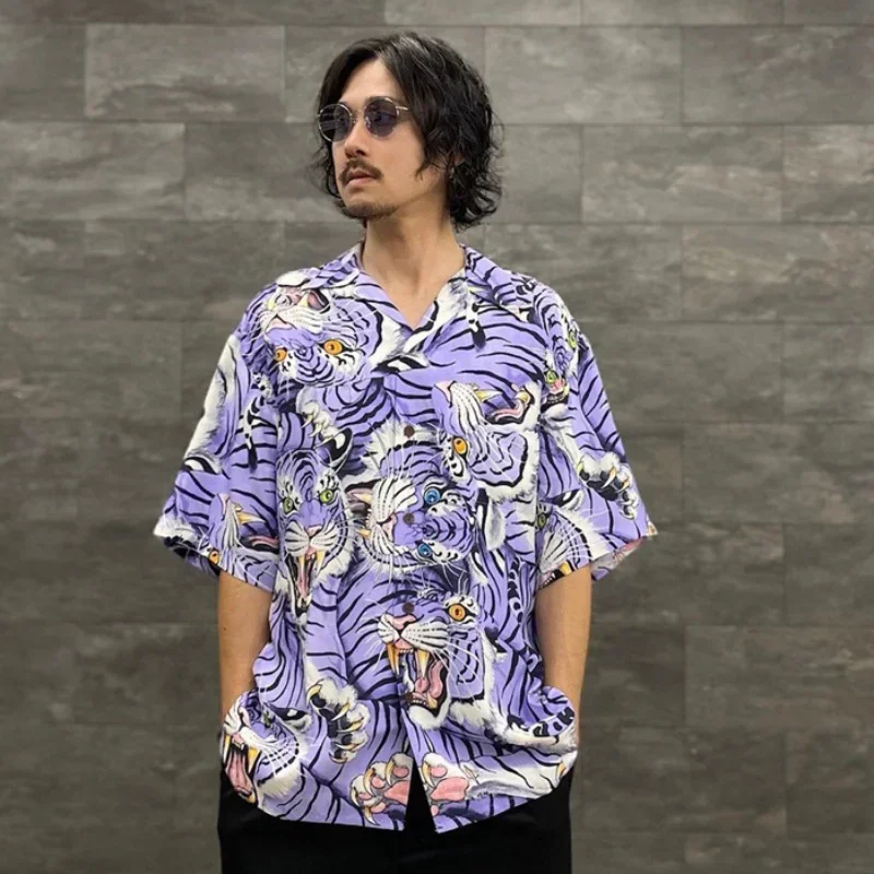 

Oversized WACKO MARIA Shirts Men's Women's 1:1 Casual Full Print Tiger Hawaiian Shirts