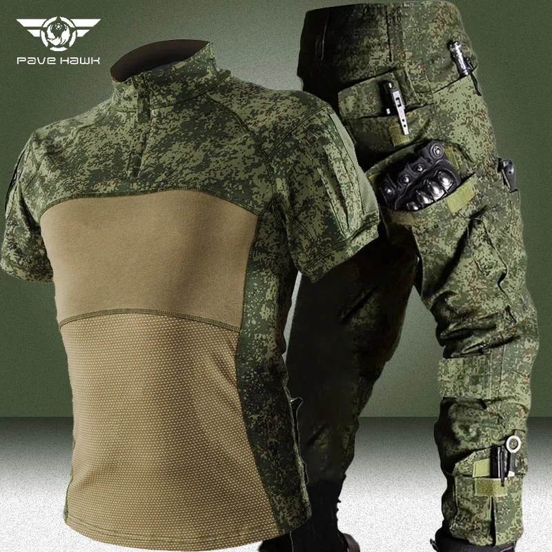 

RU Camo Tactical Suits Men Summer Breathable Short Sleeve Tshirts+Army Waterproof Cargo Pants 2 Pcs Sets Outdoor Training Set