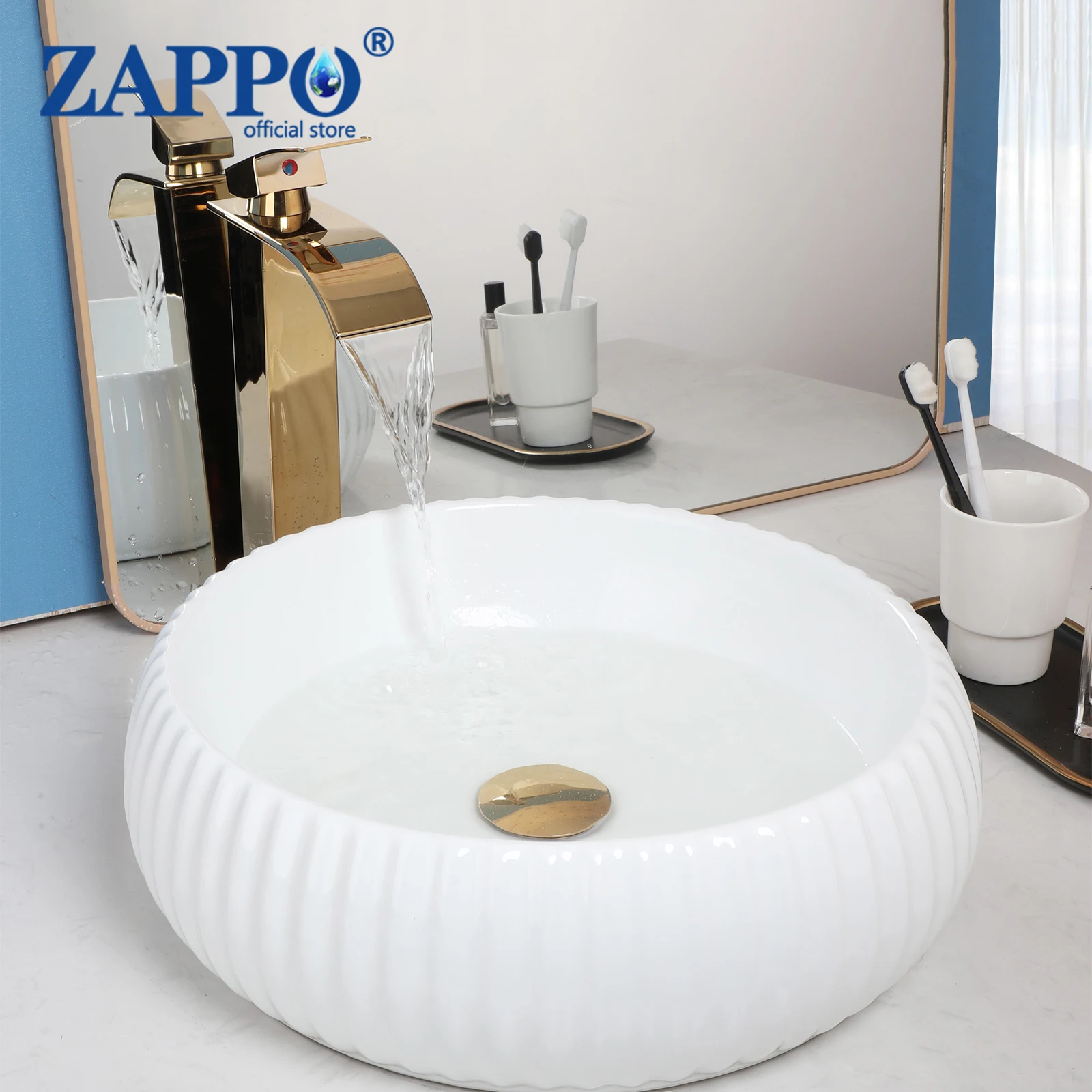 

ZAPPO Ceramic Bathroom Bar Vanity Vessel Sinks Above Counter Round Bowl White Countertop Sink Art Basin with Gold Faucet Drain