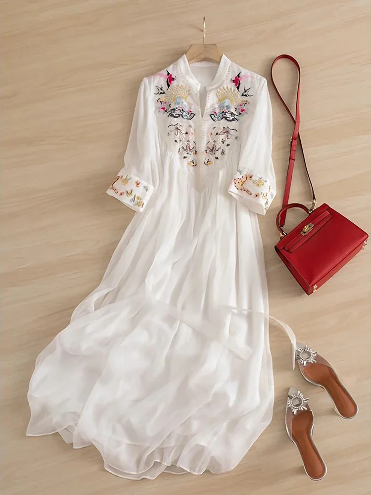 

2024 New Summer Chinese Style Embroidery Chiffon Dress National Art Chic Women White Loose Casual Ethereal Pleated Long Dresses