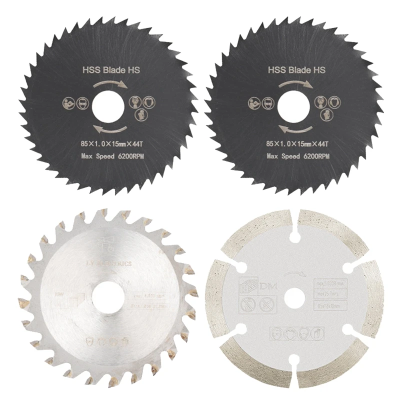 Mini Circular Saw Blade Set 4Pcs 85Mm Diamond Saw Blade For Cutter Metal Aluminum Cutting HSS/TCT Cutting Tool
Mini Circular Saw Blade Set 4Pcs 85Mm Diamond Saw Blade For Cutter Metal Aluminum Cutting HSS/TCT Cutting Tool