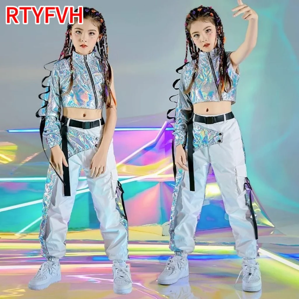 

PU Hip-Hop Dance Clothes Reflective Rave Outfit Girl Sets Jazz Dancewear Festival Crop Tops Cargo Pants Catwalk Show Costume