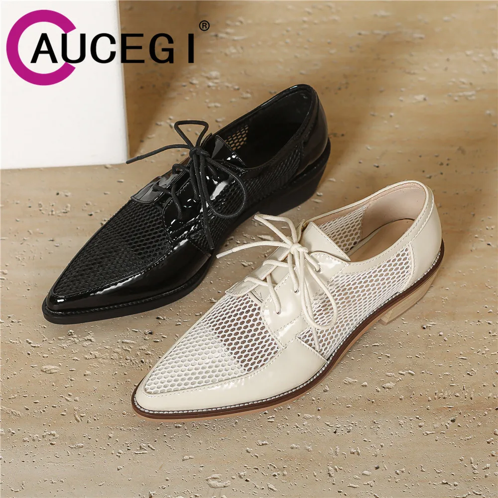 

Aucegi Fashion Hollow Breathable Mesh Patchwork Patent Leather Pumps Square Toe Mid Heels Women Lace-Up Elegant Dress Cozy Shoes