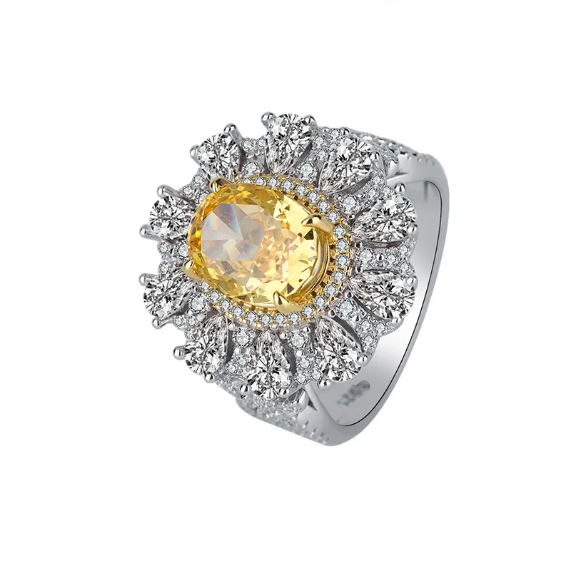 

S925 Full body Silver Colorful Treasure High Carbon Diamond Yellow Diamond Denier Luxury Set Closed Ring Main 8 * 10