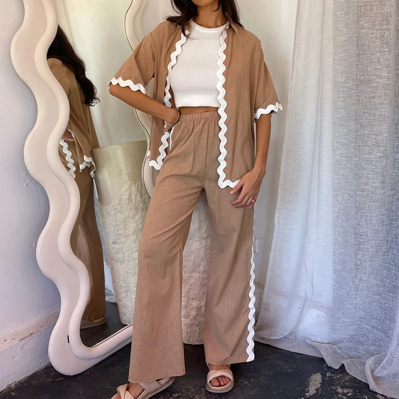 

Comfy Casual Contrast Two Piece Set Women Spring Single Breasted Lapel Shirt & High Waist Pants Outfits Spring Summer Loose Suit