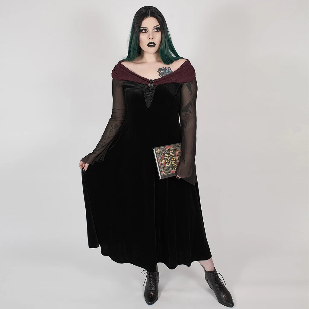 PUNKRAVE Women's Gothic Horizontal Neck Perspective Mesh Long Sleeve Dresses Simple Elastic Velvet Trumpet Sleeve Long Skirts
PUNKRAVE Women's Gothic Horizontal Neck Perspective Mesh Long Sleeve Dresses Simple Elastic Velvet Trumpet Sleeve Long Skirts