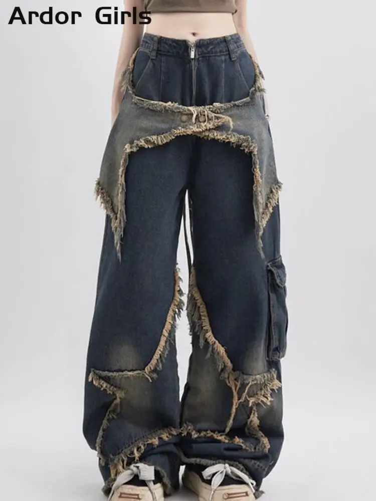 

Cargo Jeans Pants Women Street Loose Oversize Panelled Pentacle Raw Hem Pant 2023 Vintage Blue Hip Hop Female Denim Trousers