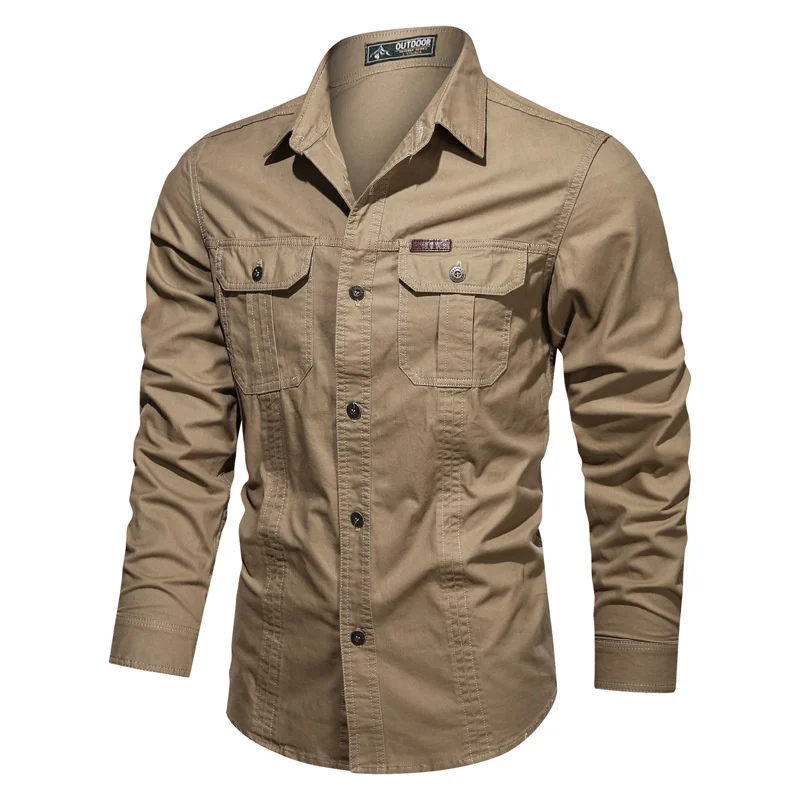 

Рубашка мужская оверсайз с длинным рукавом, Повседневная блуза из чистого хлопка, брендовая одежда в стиле милитари, цвет хаки
