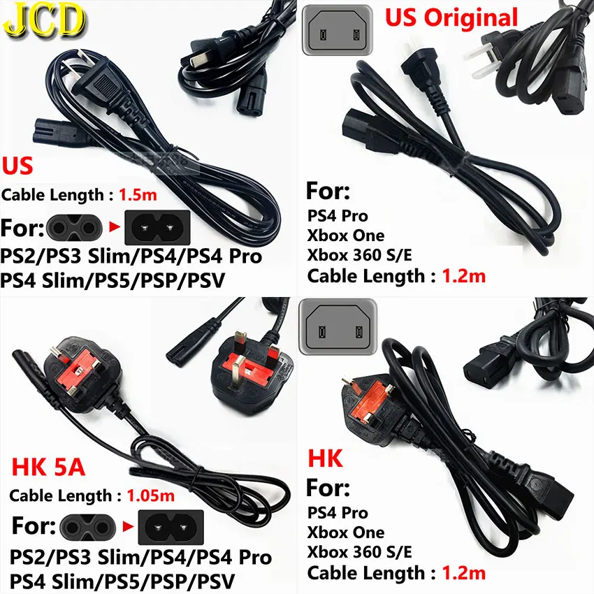 

JCD US HK Plug AC Power Adapter 1.2m 1.5m Universal Power Cord Cable For PS5 PS4 Pro Slim PS3 PS2 PSP PSV Xbox One 360 S/E