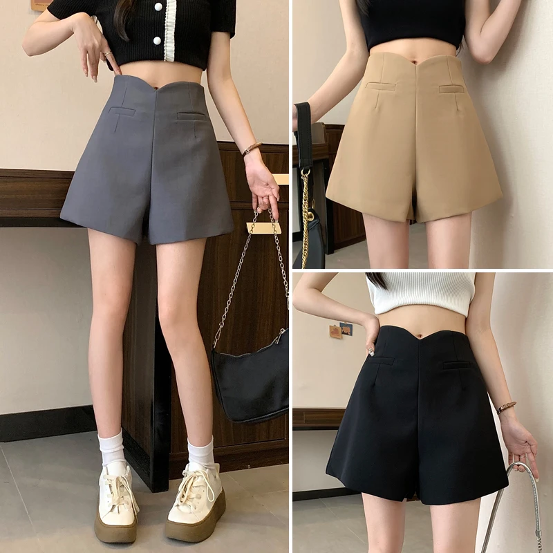 

2024 Summer New Casual Shorts Wearing Slim A-line High Waist Loose Wide Leg Shorts Solid Color Suit Fabric for Women