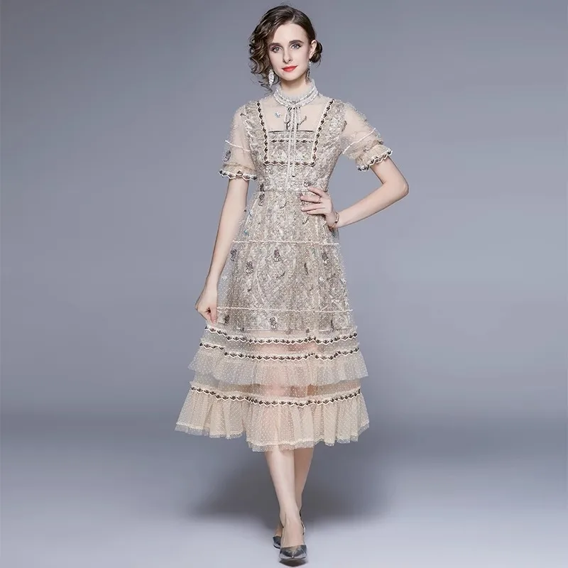 

Женское Сетчатое платье с цветочной вышивкой, элегантное винтажное длинное платье из тюля в горошек с воротником-стойкой и оборками, лето