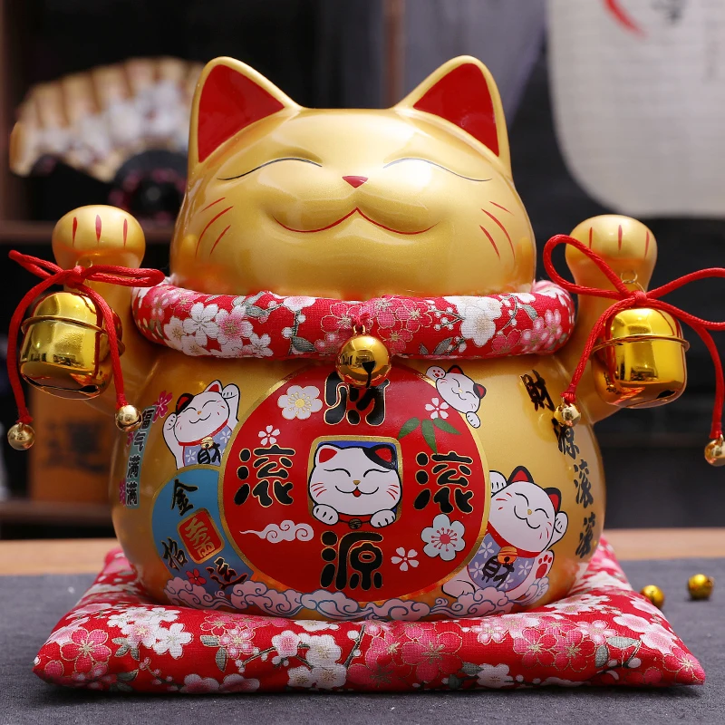

Golden Ceramic Home Decoration Ornament Fortune Cat Money Box Piggy Bank Figurine Feng Shui Decor