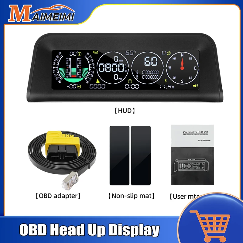 

HD X92 Car OBD HUD Head Up Display GPS Speedometer Roll Pitch Angle Altitude Time Voltage Tachometer Water Temp Compass 4 Alarms