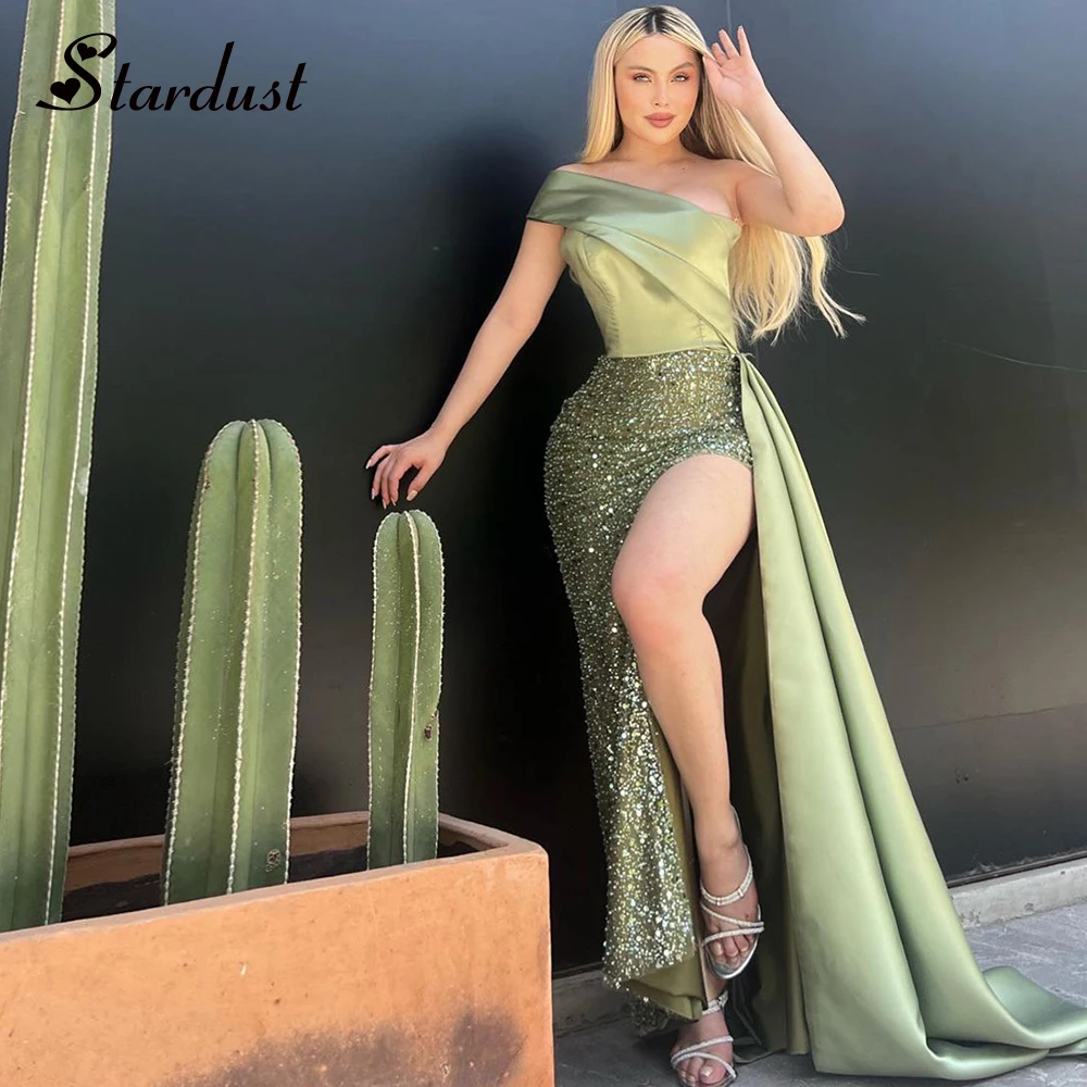 

Stardust Bling Straight Prom Dresses for Women One Shoulder Pleat Said Slit Saudi Arabric Celebrity Vestidos De Festa Customised