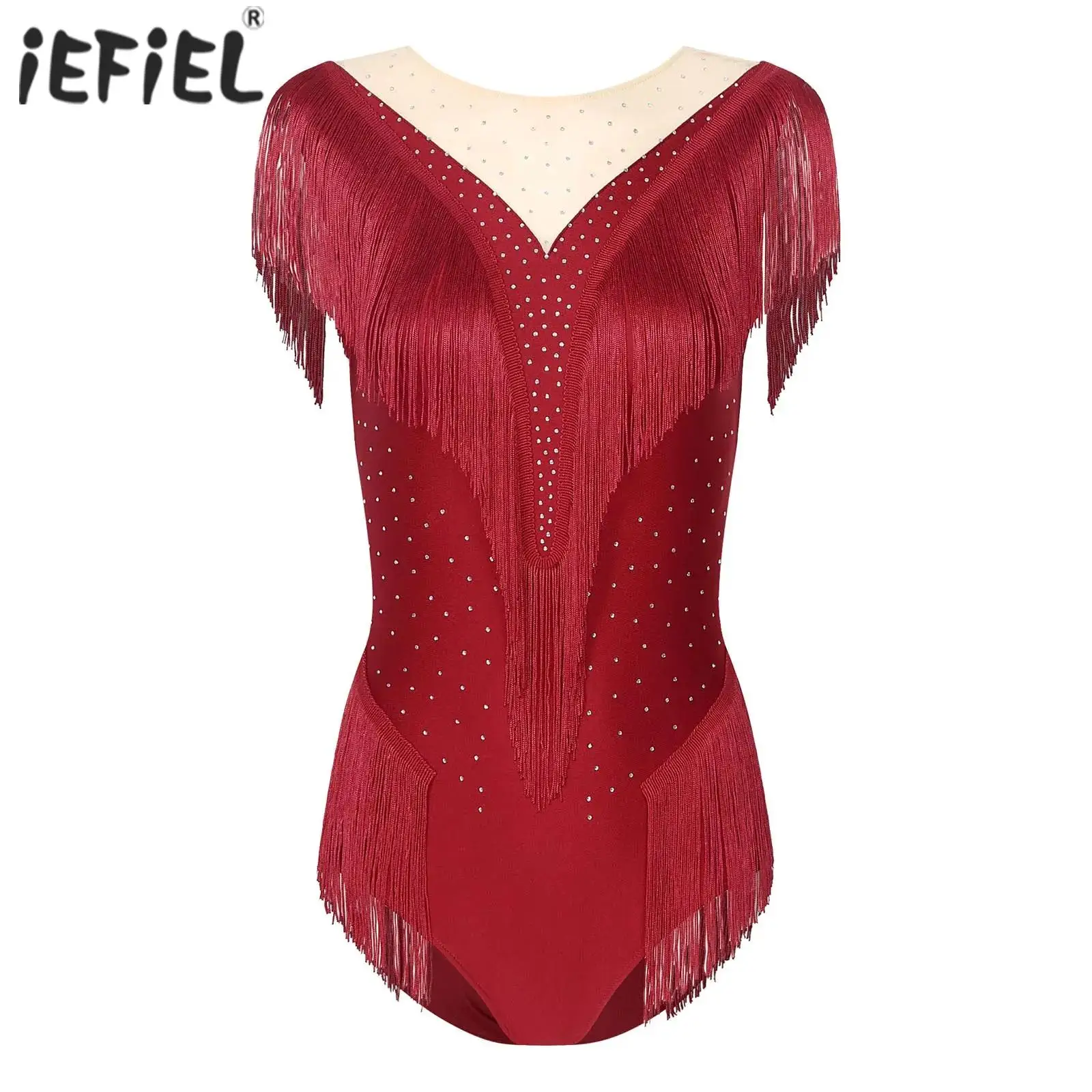 

Womens Gymnatics Ballet Leotard Dance Costume Sheer Mesh Tassel Sleeveless Bodysuit Sparkly Rhinestone Fringed Leotard Dancewear