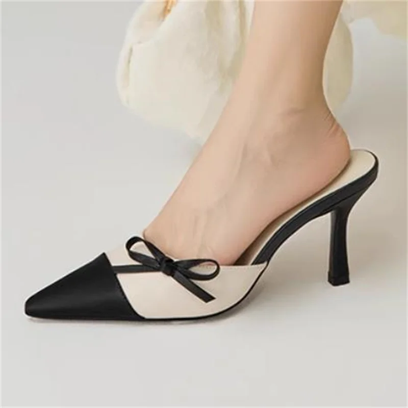 

Butterfly-knot Shoes for Ladies Pointed Toes High Heels Womens Mixed Colors Female Mules PU Leather Tacones Bow-tied Chassure