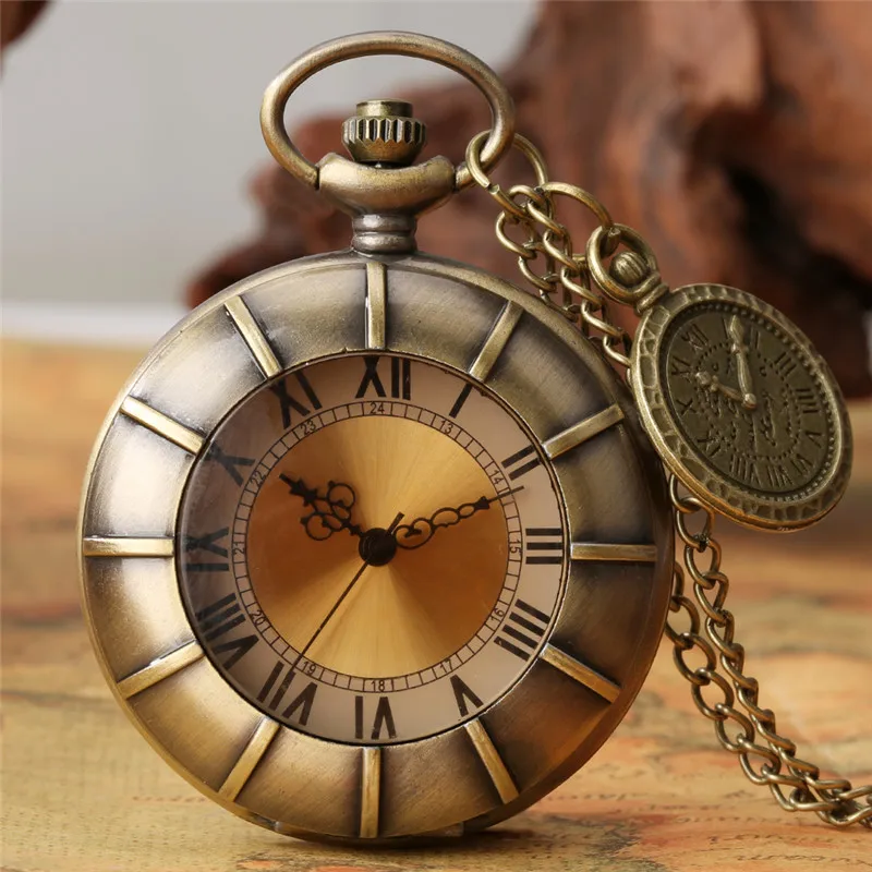 

Bronze Pocket Watch Roman Number Dial Men Women Quartz Movement Watches with Chain Half Hunter Timepiece Pendant Compass Reloj