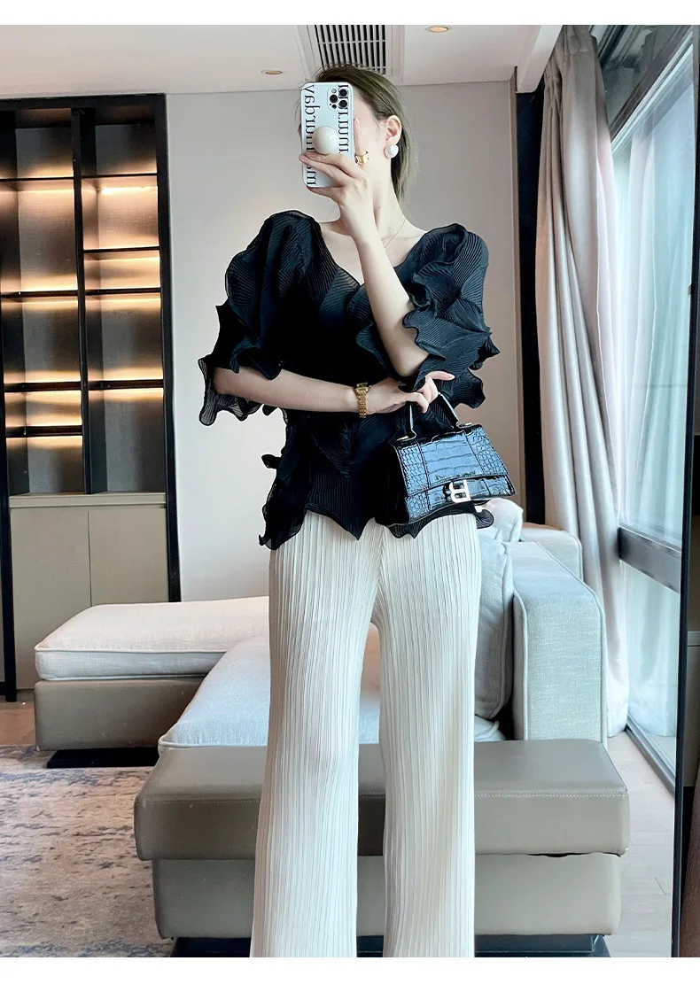 Miyake Pleated T-Shirt 2025 Summer Designer Model Sheer Loose T-Shirt French Elegant Peplum High End Pleated Top Tunic Clothing Miyake Pleated T-Shirt 2025 Summer Designer Model Sheer Loose T-Shirt French Elegant Peplum High End Pleated Top Tunic Clothing