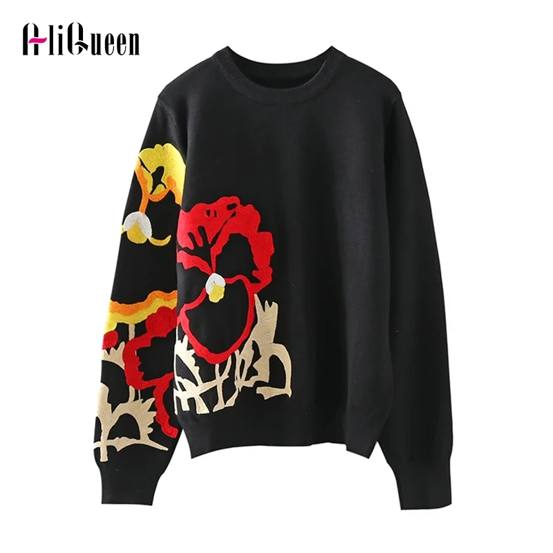 

Autumn and Winter Heavy Industry Jacquard Knitwear Embroidery Round Neck Pullover Knitwear Women's Loose Underlay Sweater Tops