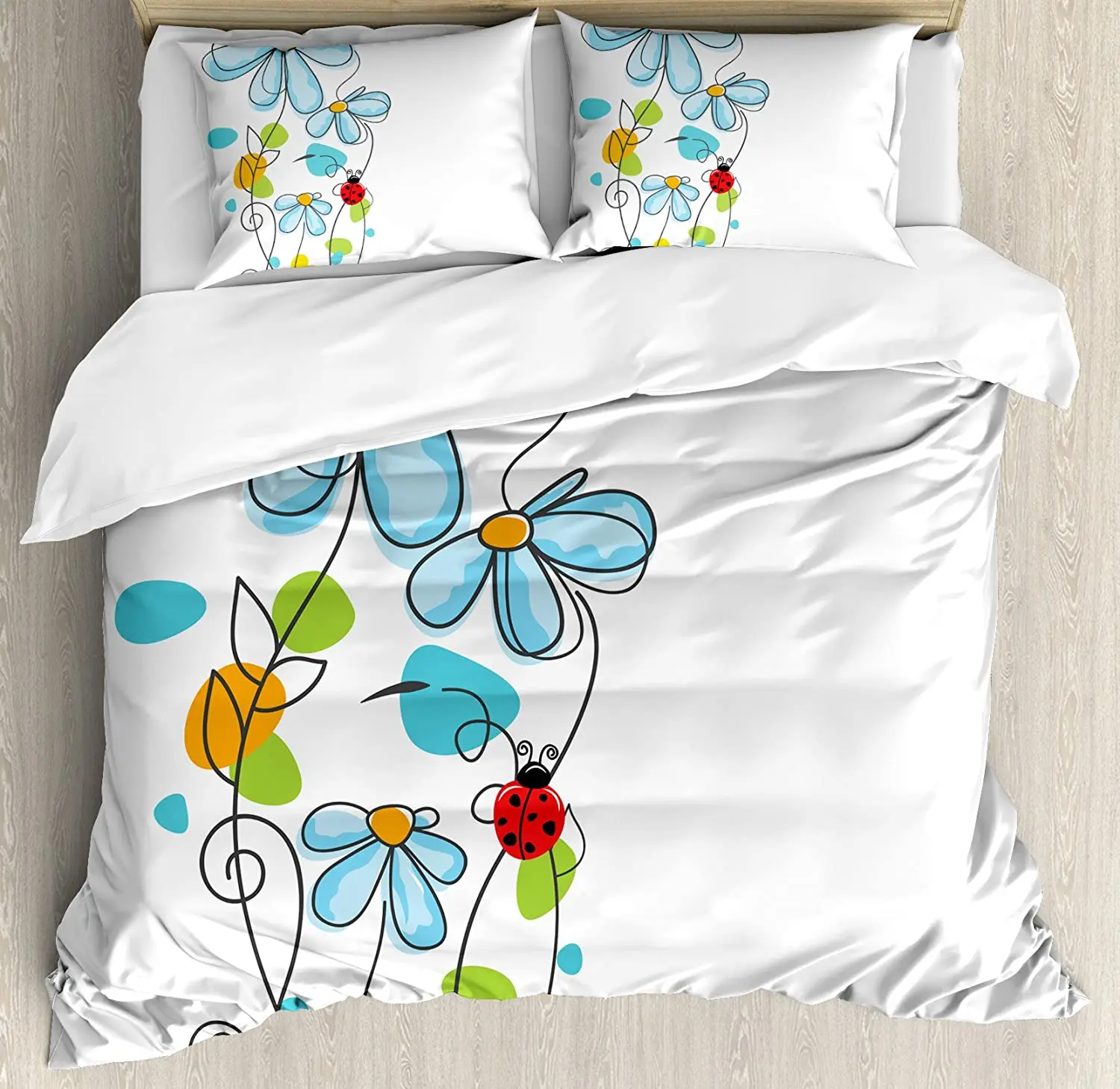 Ladybugs Bedding Set For Bedroom Bed Home Flowers and Oval Dome-Shaped Illustrati Duvet Cover Quilt Pillowcase |