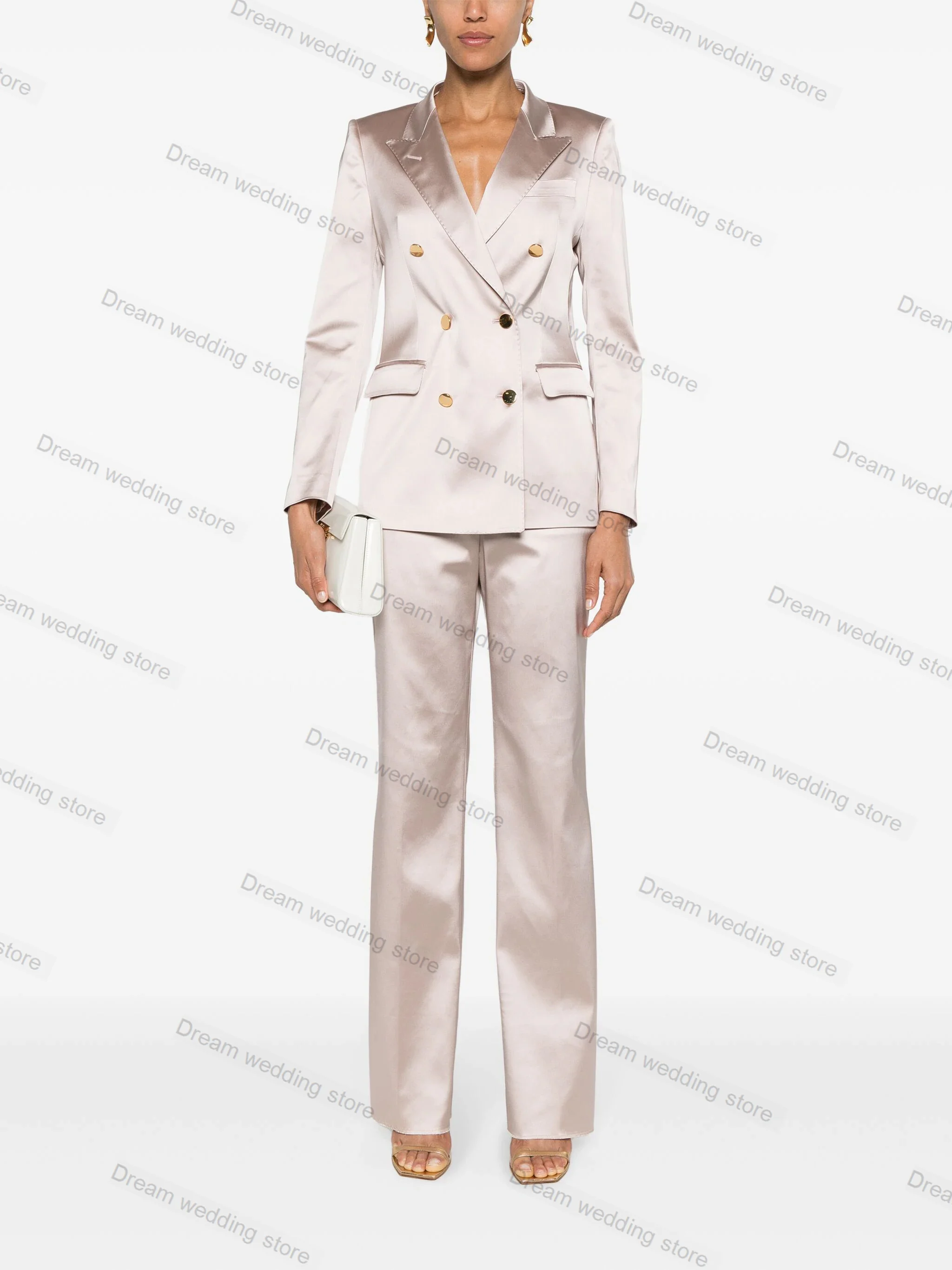 

2 Pieces Satin Women Suits Pants Set Blazer+Trousers Designer Formal Office Lady Wedding Tuxedo Double Breasted Jacket Tailored