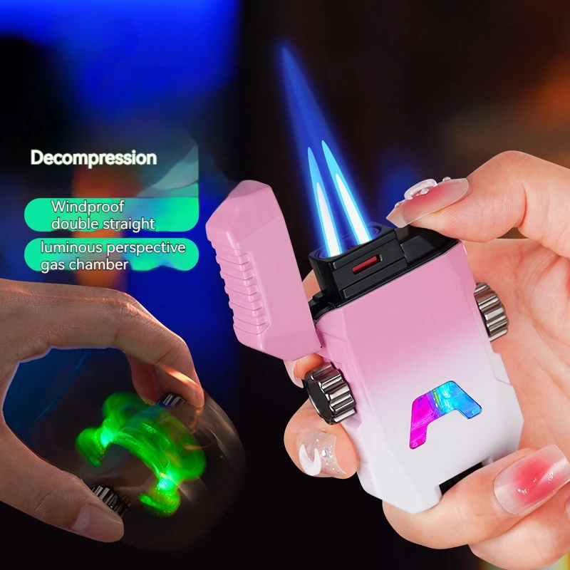 

New Gyro Lighter Inflated Gas Butane Luminous Lighter Metal Windproof Double Jet Flame Smoking Accessories Men Gadgets