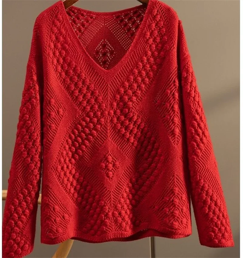 Red Jacquart Women Sweater Cashmere Wool Hollow Out Long Sleeve Spring Autumn Pullover Knit Crochet Jumper Knitwear Loose
Red Jacquart Women Sweater Cashmere Wool Hollow Out Long Sleeve Spring Autumn Pullover Knit Crochet Jumper Knitwear Loose