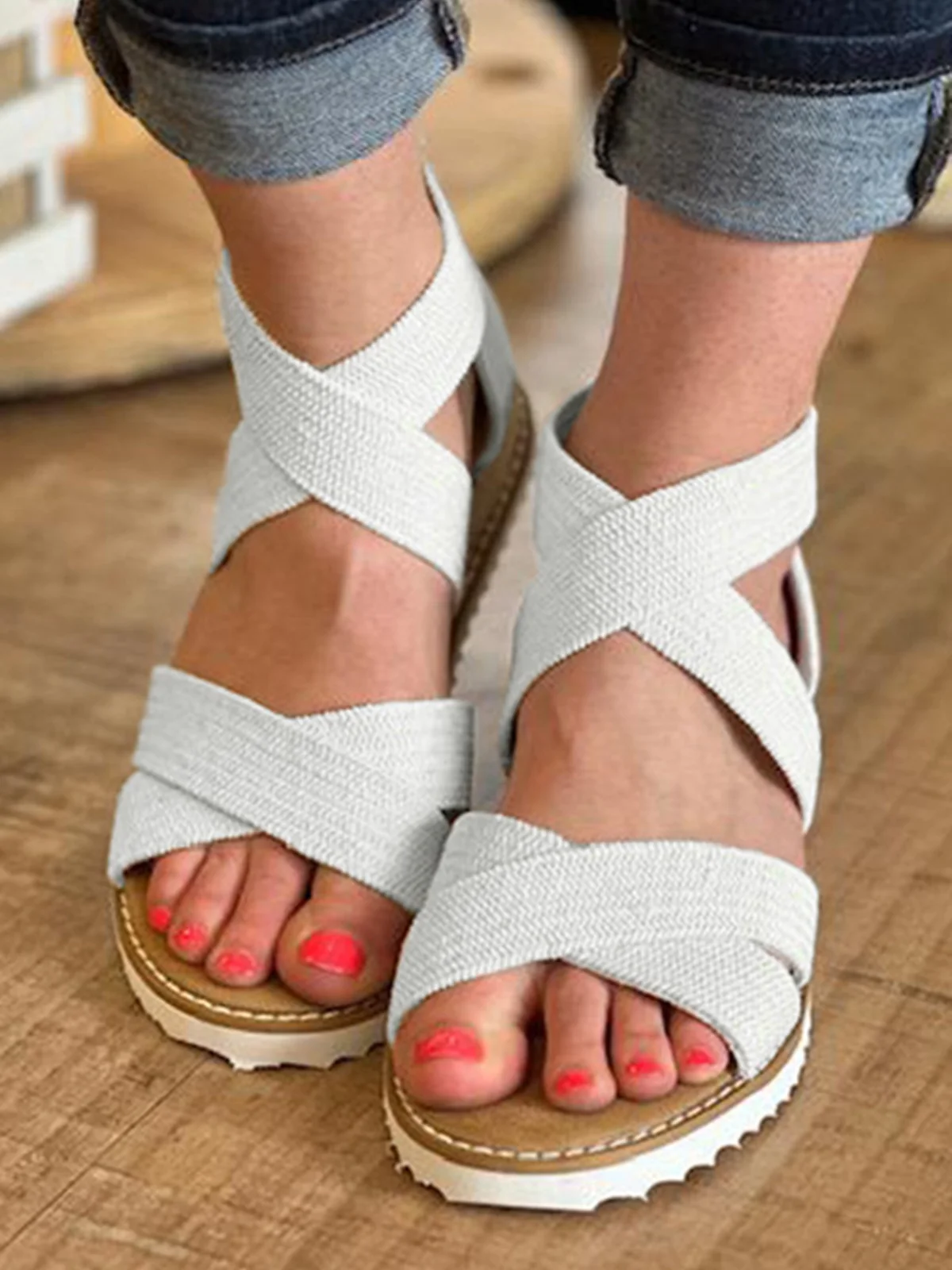 

2023 Summer Criss-Cross Zipper Round Toe Wedge Sandals White For Women Summer Casual Retro Versatile Simple Style Fashion Shoes