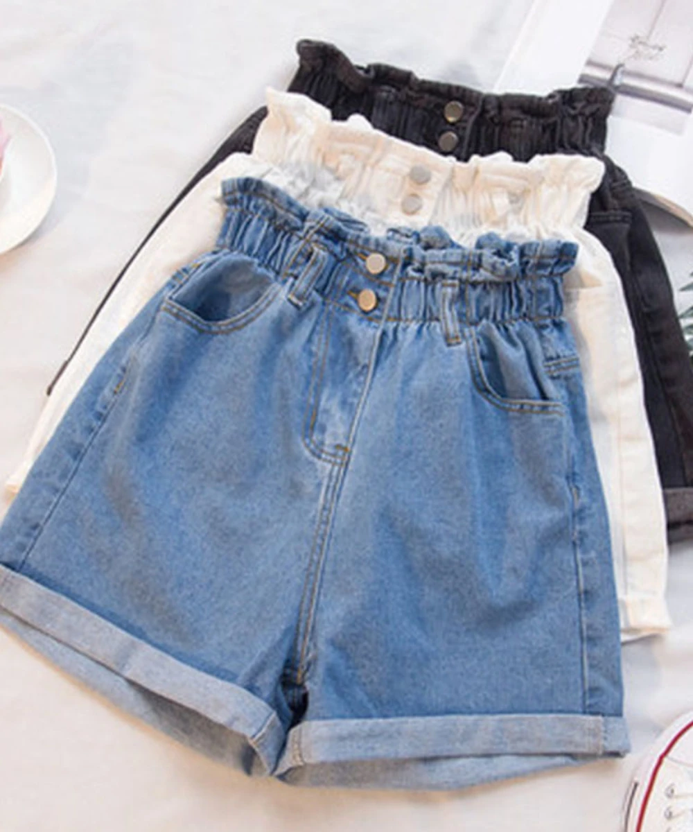 

Jielur Summer Black Women Denim Shorts Women S-5XL Harem Ruffled White Blue High Waisted Shorts Female Elastic Short Jeans